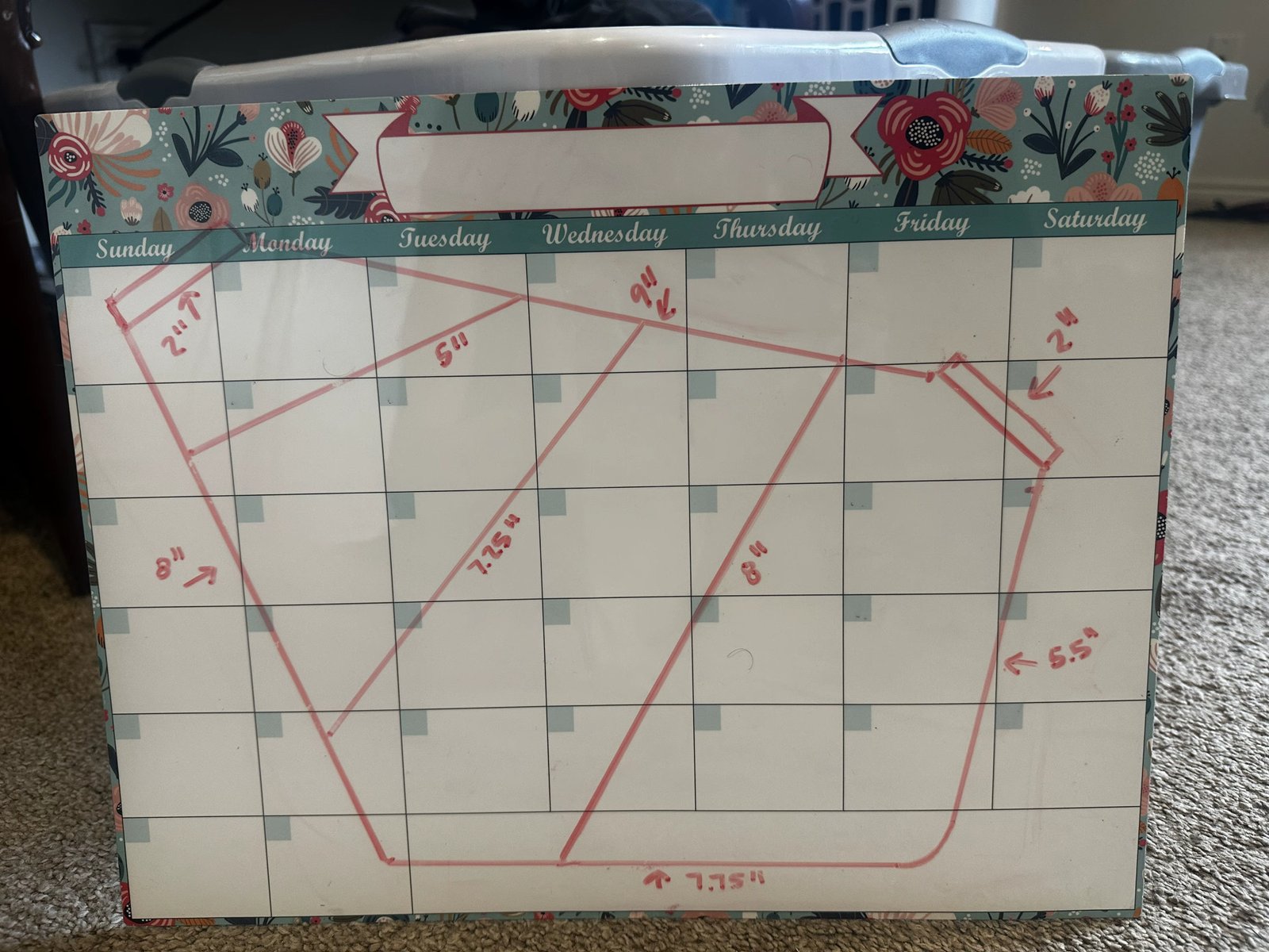 Lora's first hand-drawn HipStyle hip bag pattern sketch on a whiteboard calendar